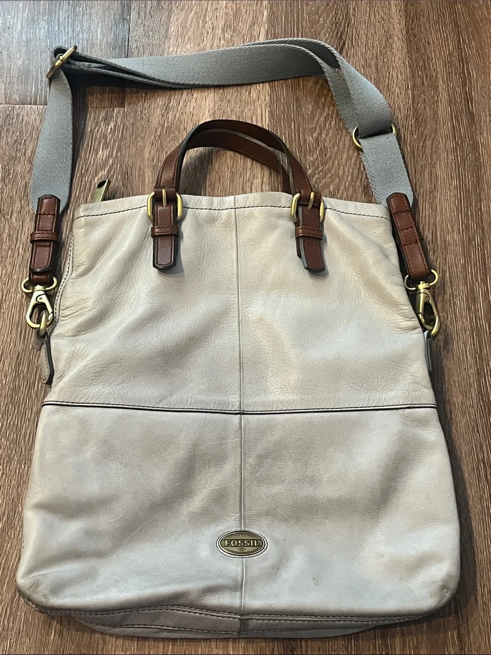 Fossil Explorer Light blue-Gray Leather fold over tote/Messenger Bag